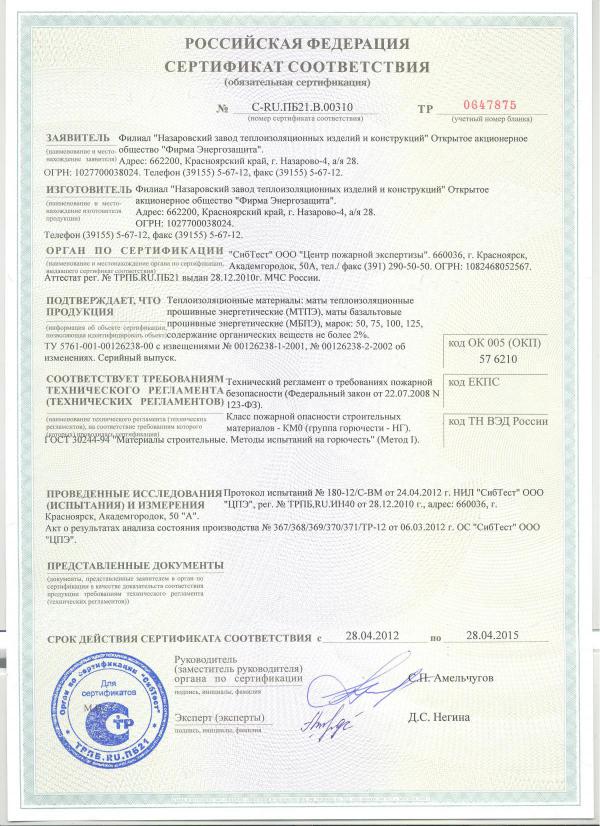пожарный сертификат на базальтовые маты